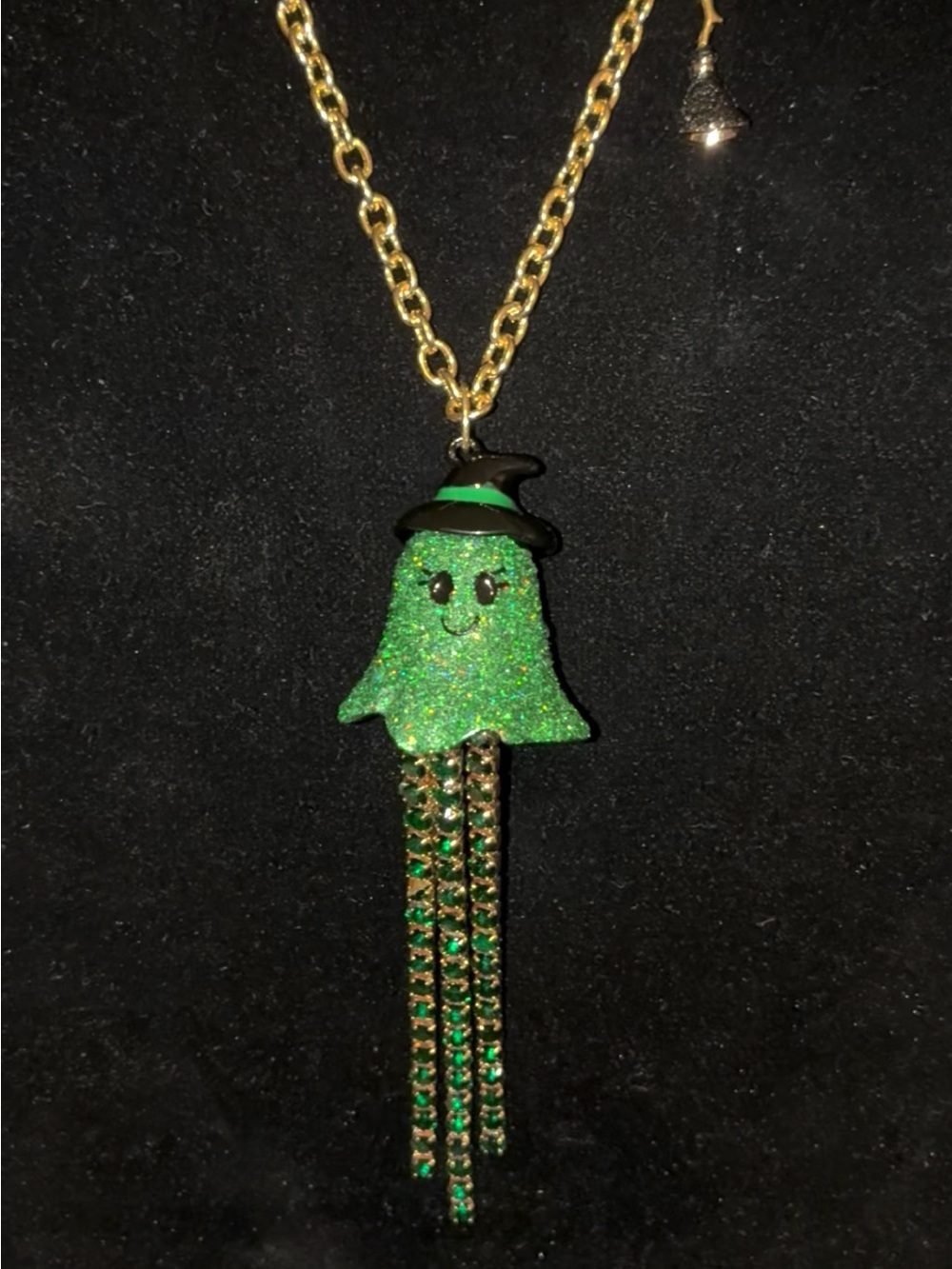 NWT Betsey Johnson Green Crystal Ghost Witch Long Pendant Necklace